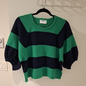 Old Navy So Soft Navy & Emerald Green Striped Puff-sleeve Sweater (Size L)